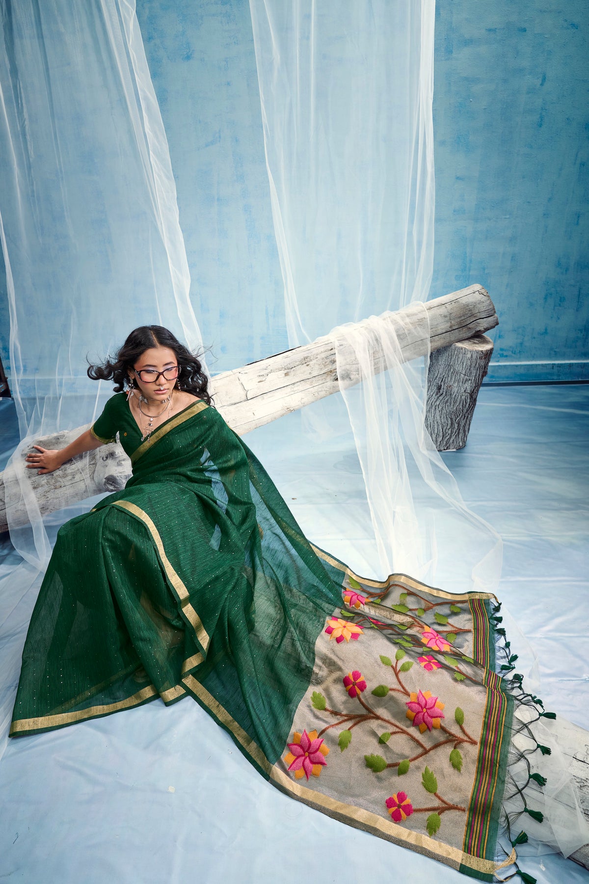 STORI Dark Green Munga Silk Saree
