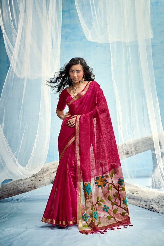 Dark Pink Munga Silk Saree
