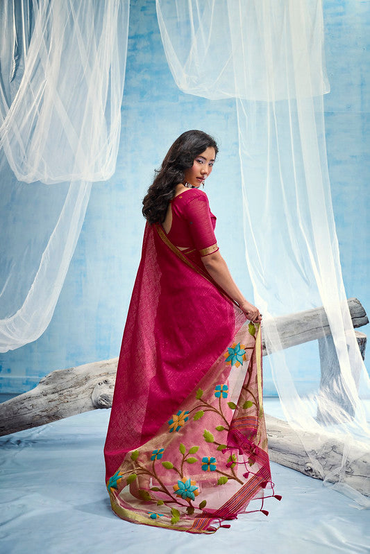 Dark Pink Munga Silk Saree