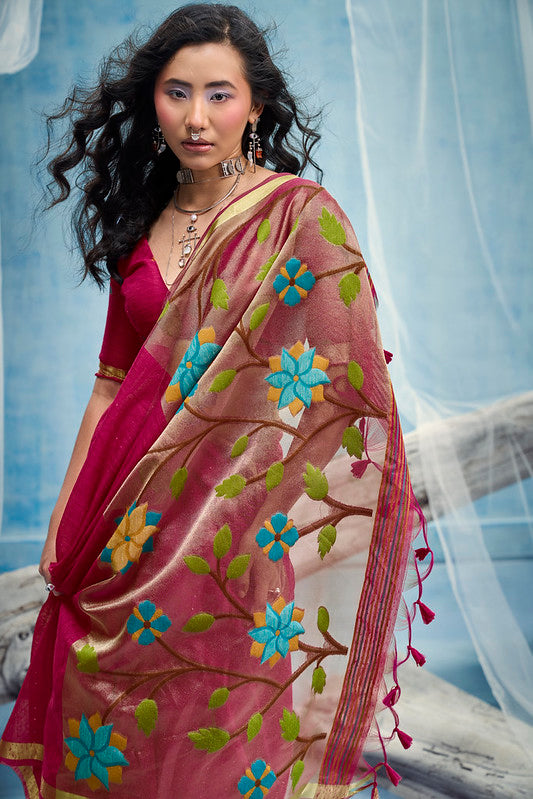 Dark Pink Munga Silk Saree