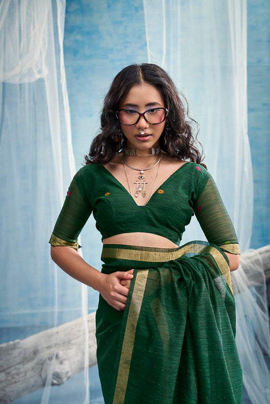 STORI Dark Green Munga Silk Saree