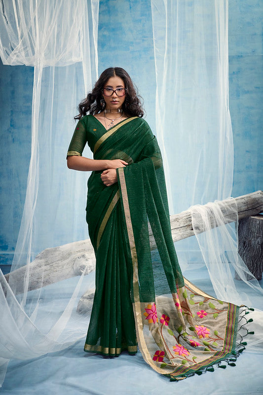 STORI Dark Green Munga Silk Saree