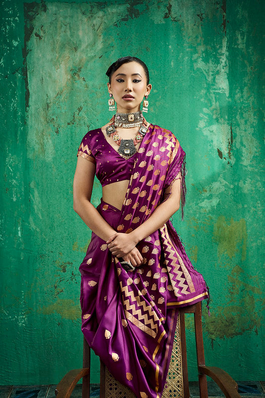 Deep Plump Handloom Woven Satin Silk Saree