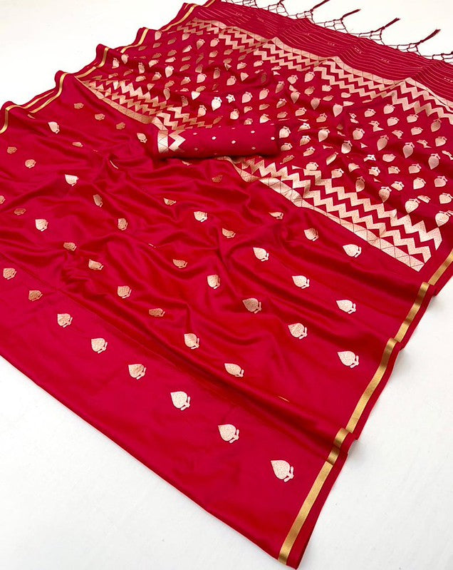 STORI Red Handloom Woven Satin Saree