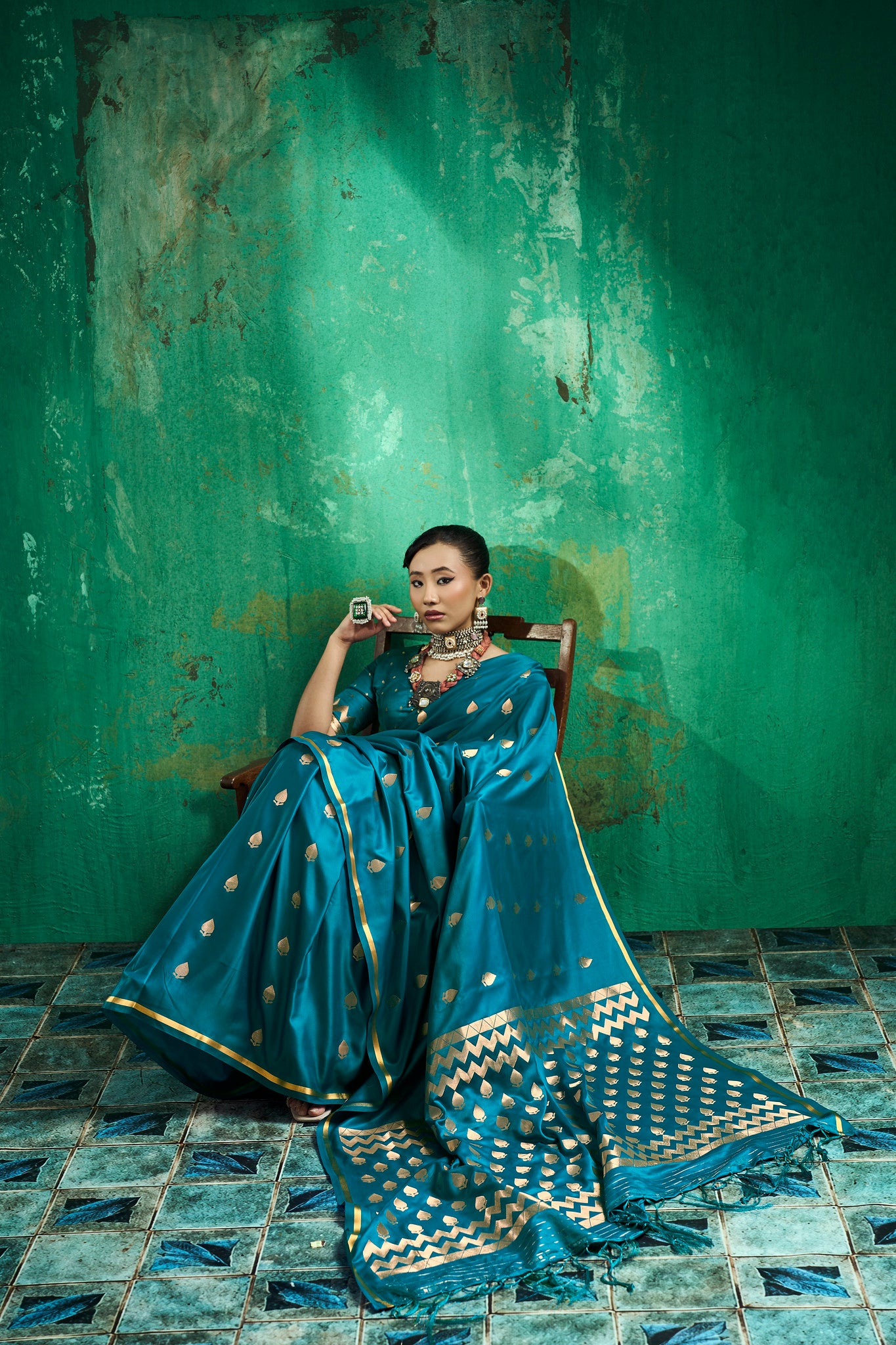 Teal Blue Handloom Woven Satin Silk Saree