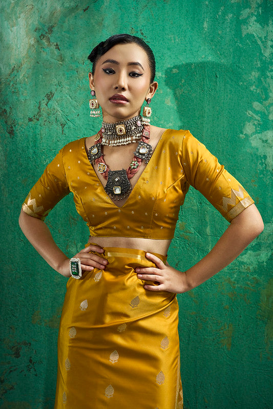 Yellow Handloom Woven Satin Silk Saree