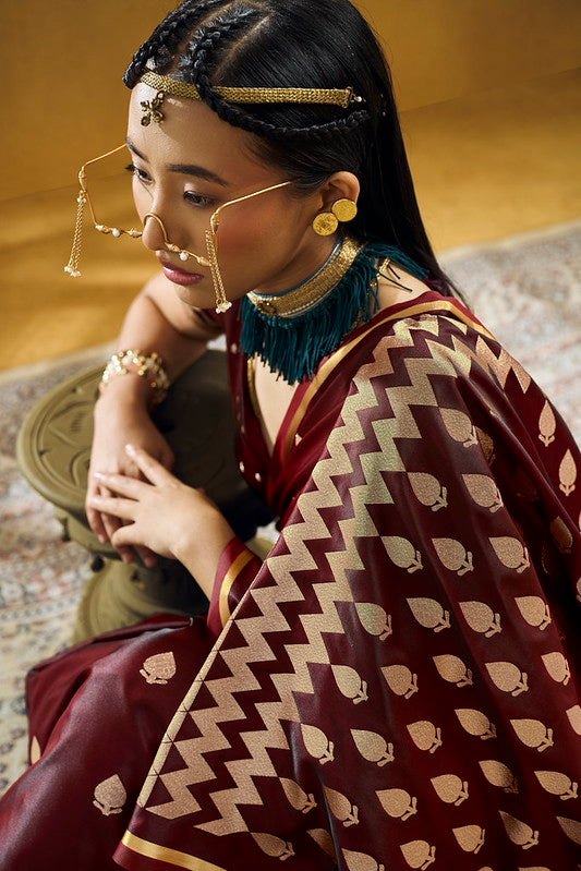 STORI Maroon Satin Silk Saree
