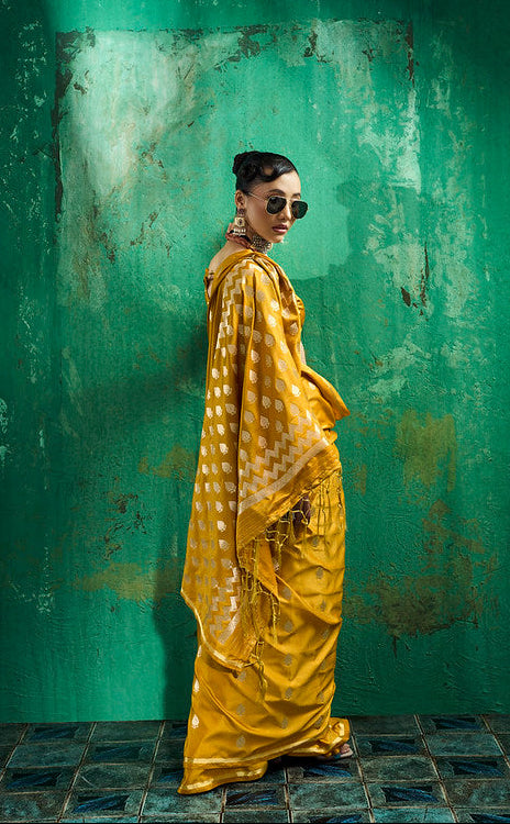Yellow Handloom Woven Satin Silk Saree