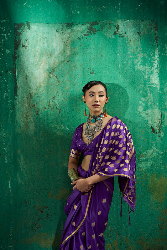 Royal Purple Handloom Woven Satin Silk Saree