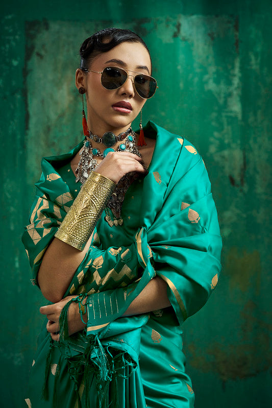 STORI Teal Green Handloom Woven Satin Silk Saree
