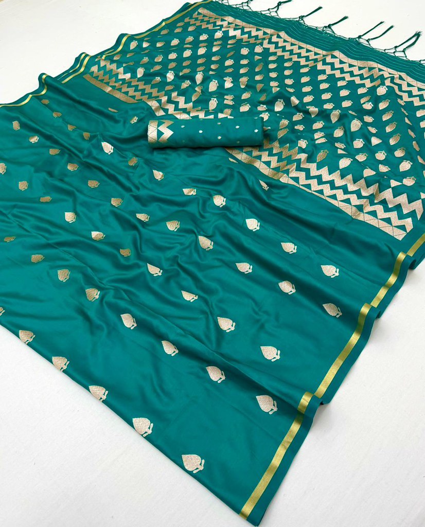 STORI Teal Green Handloom Woven Satin Silk Saree
