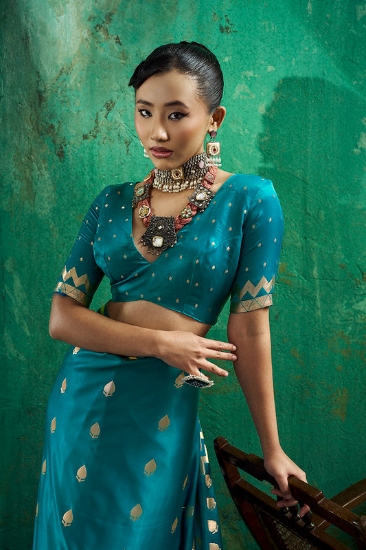 Teal Blue Handloom Woven Satin Silk Saree