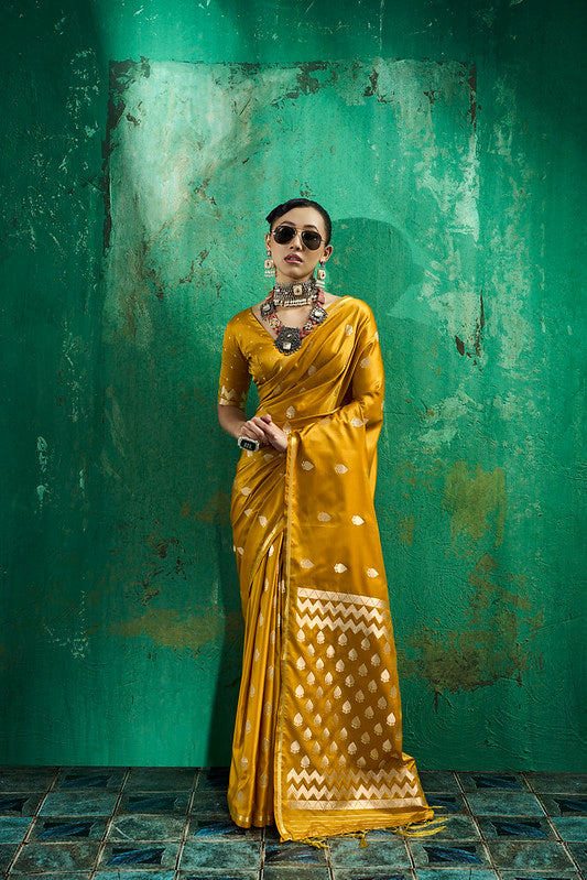 Yellow Handloom Woven Satin Silk Saree
