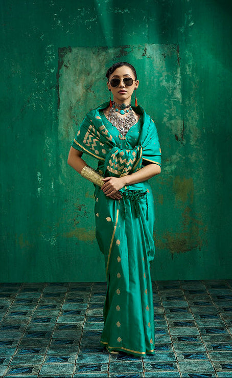 STORI Teal Green Handloom Woven Satin Silk Saree
