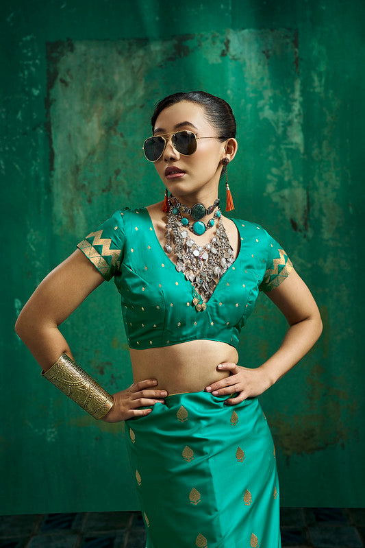 STORI Teal Green Handloom Woven Satin Silk Saree