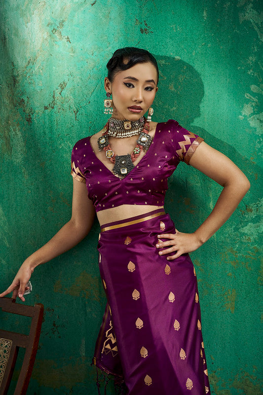 Deep Plump Handloom Woven Satin Silk Saree