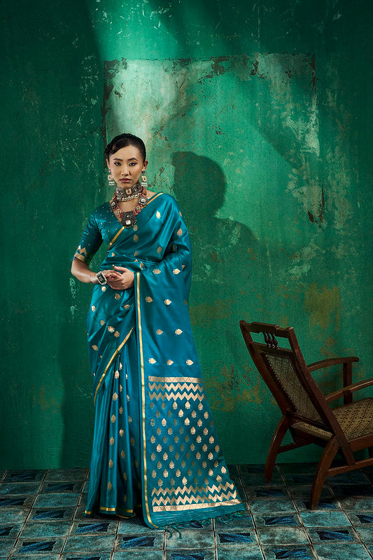 Teal Blue Handloom Woven Satin Silk Saree