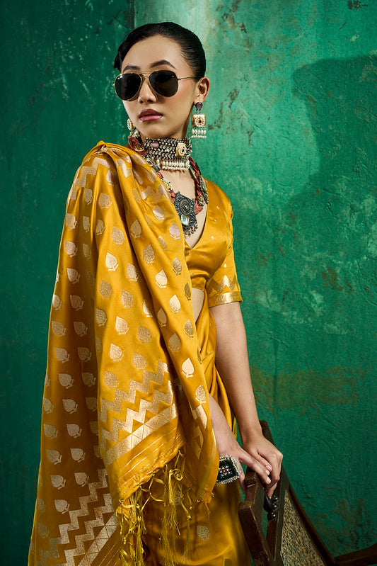 Yellow Handloom Woven Satin Silk Saree