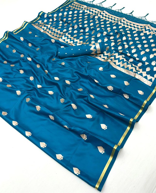 Teal Blue Handloom Woven Satin Silk Saree