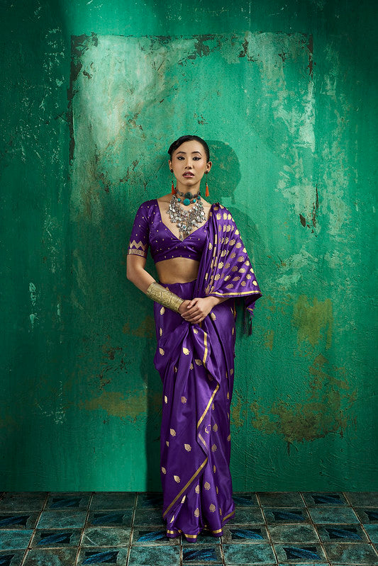 Royal Purple Handloom Woven Satin Silk Saree