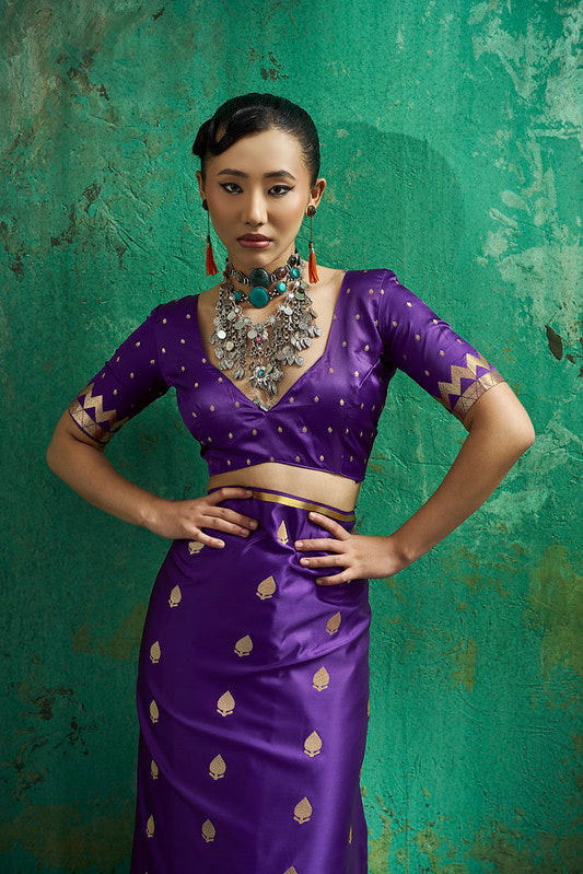 Royal Purple Handloom Woven Satin Silk Saree