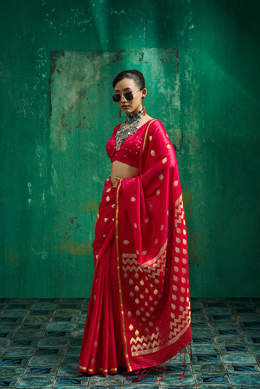 STORI Red Handloom Woven Satin Saree