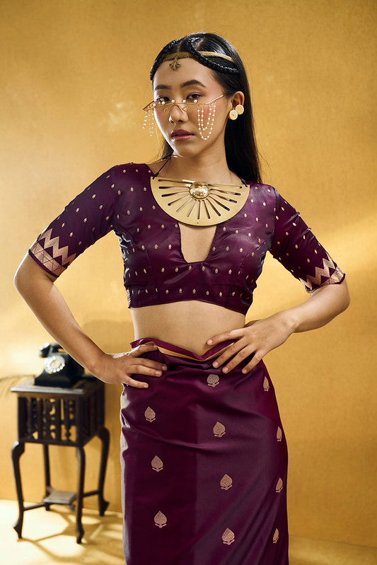 STORI Maroon Satin Silk Saree