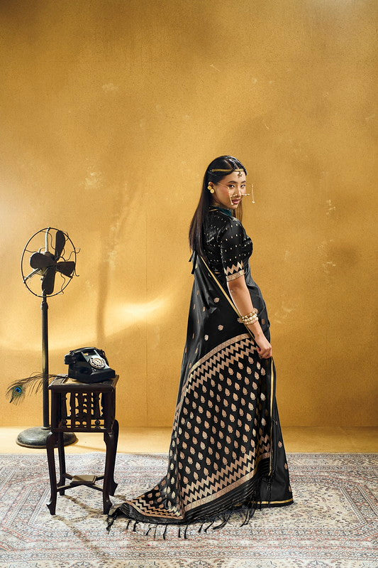 STORI Black Satin Silk Saree