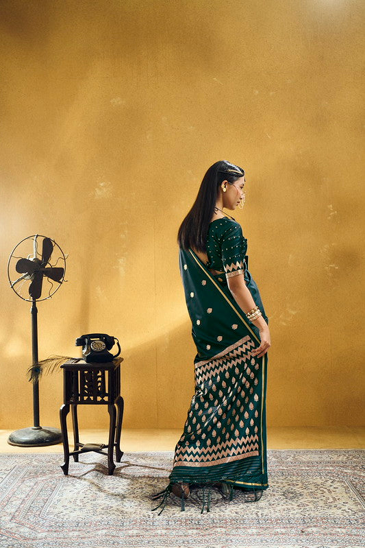 STORI Dark Green Satin Silk Saree