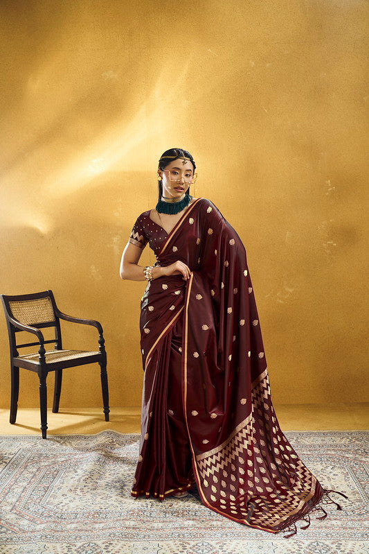 STORI Maroon Satin Silk Saree