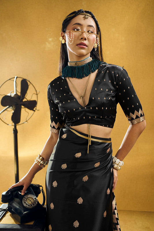 STORI Black Satin Silk Saree