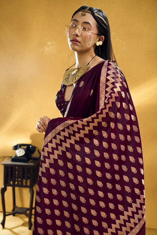 Deep Wine Satin Silk Saree