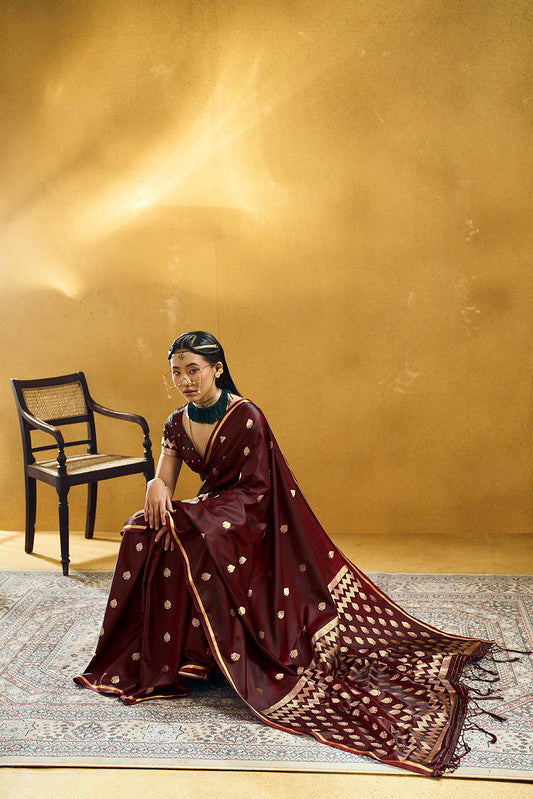 STORI Maroon Satin Silk Saree