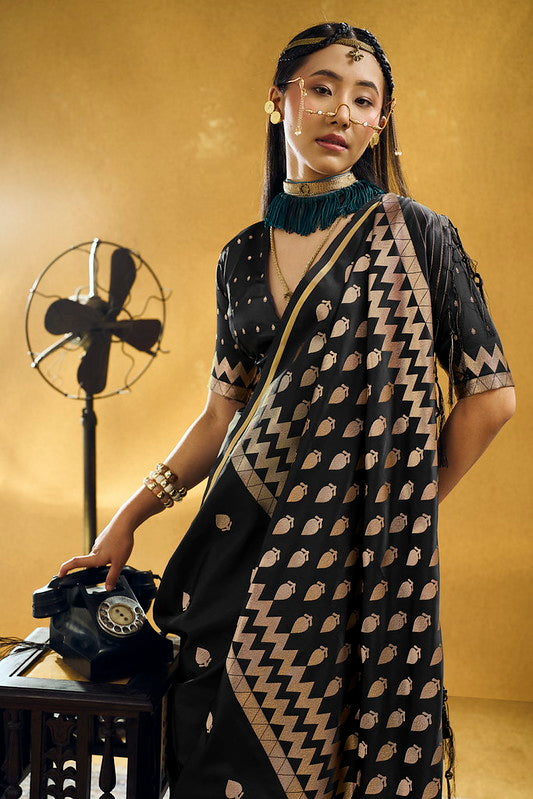 STORI Black Satin Silk Saree