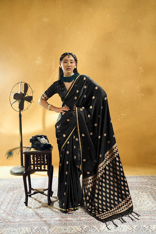 STORI Black Satin Silk Saree