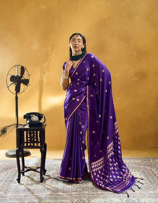 STORI Royal Purple Satin Silk Saree