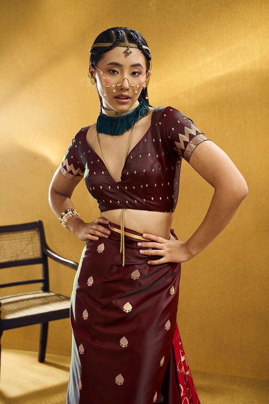 STORI Maroon Satin Silk Saree