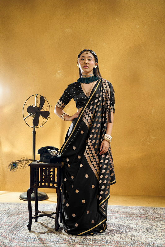 STORI Black Satin Silk Saree