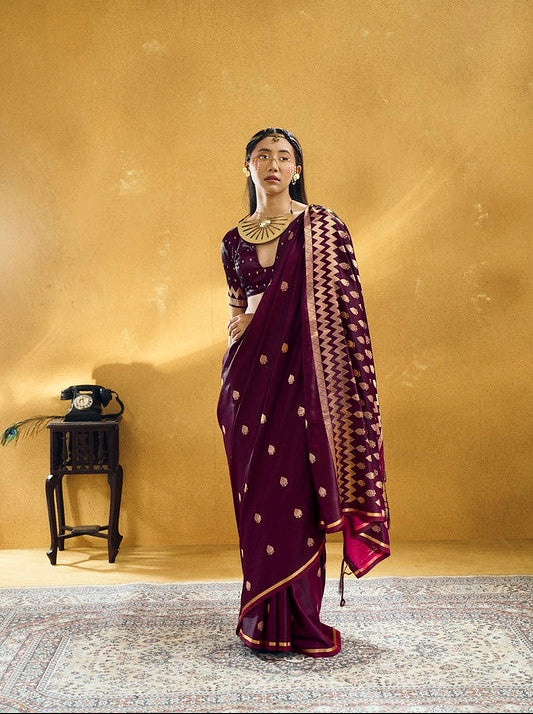 Deep Wine Satin Silk Saree
