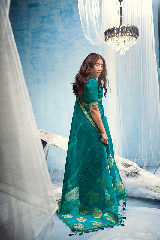STORI Teal Blue Munga Silk Saree