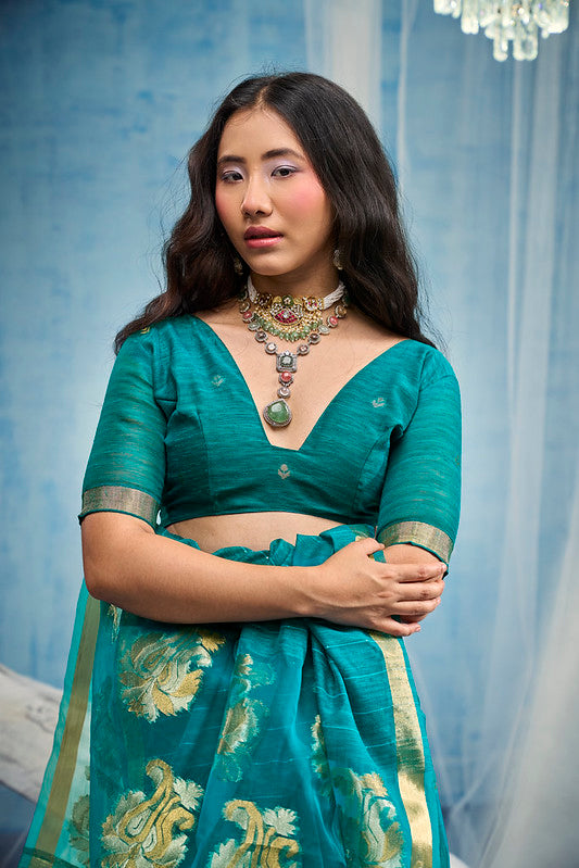 STORI Teal Blue Munga Silk Saree
