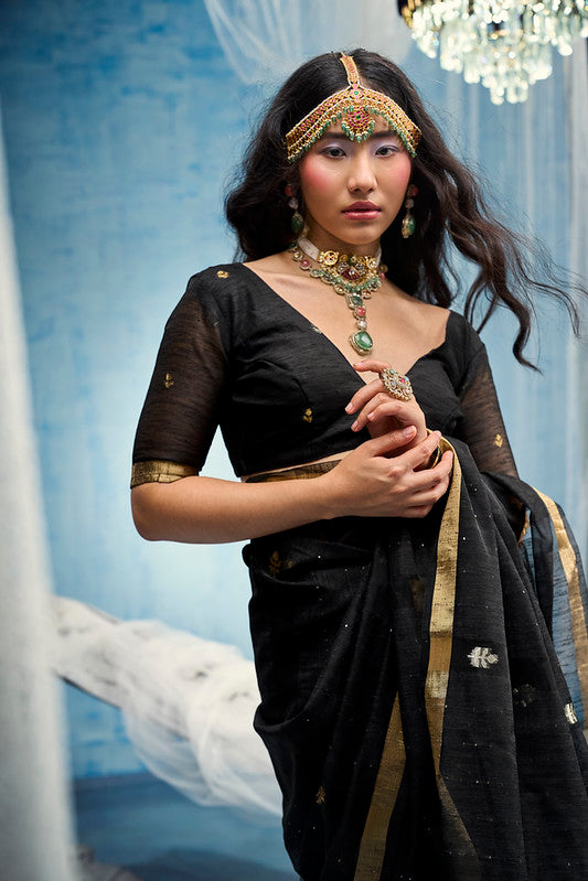 STORI Dark Black  Munga Silk Saree