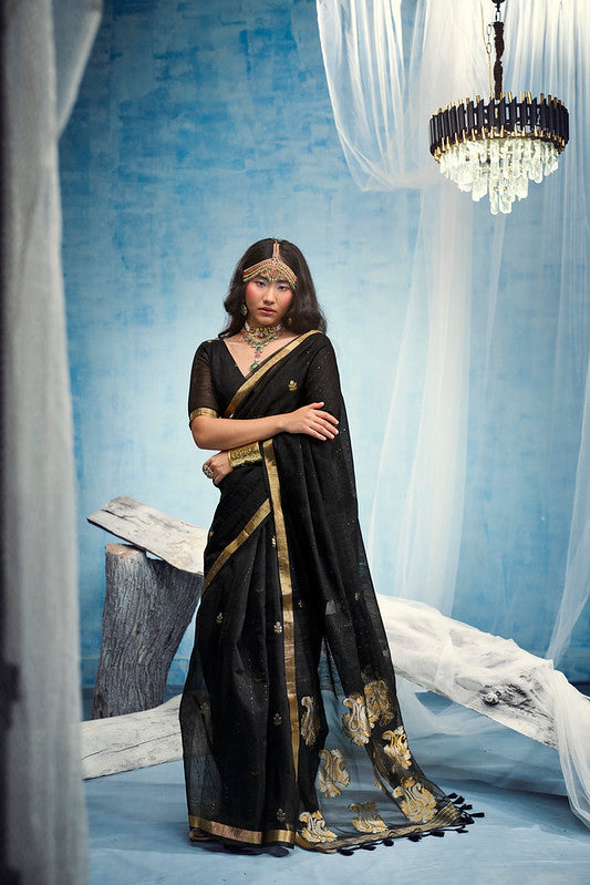 STORI Dark Black  Munga Silk Saree