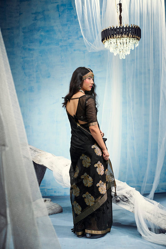STORI Dark Black  Munga Silk Saree