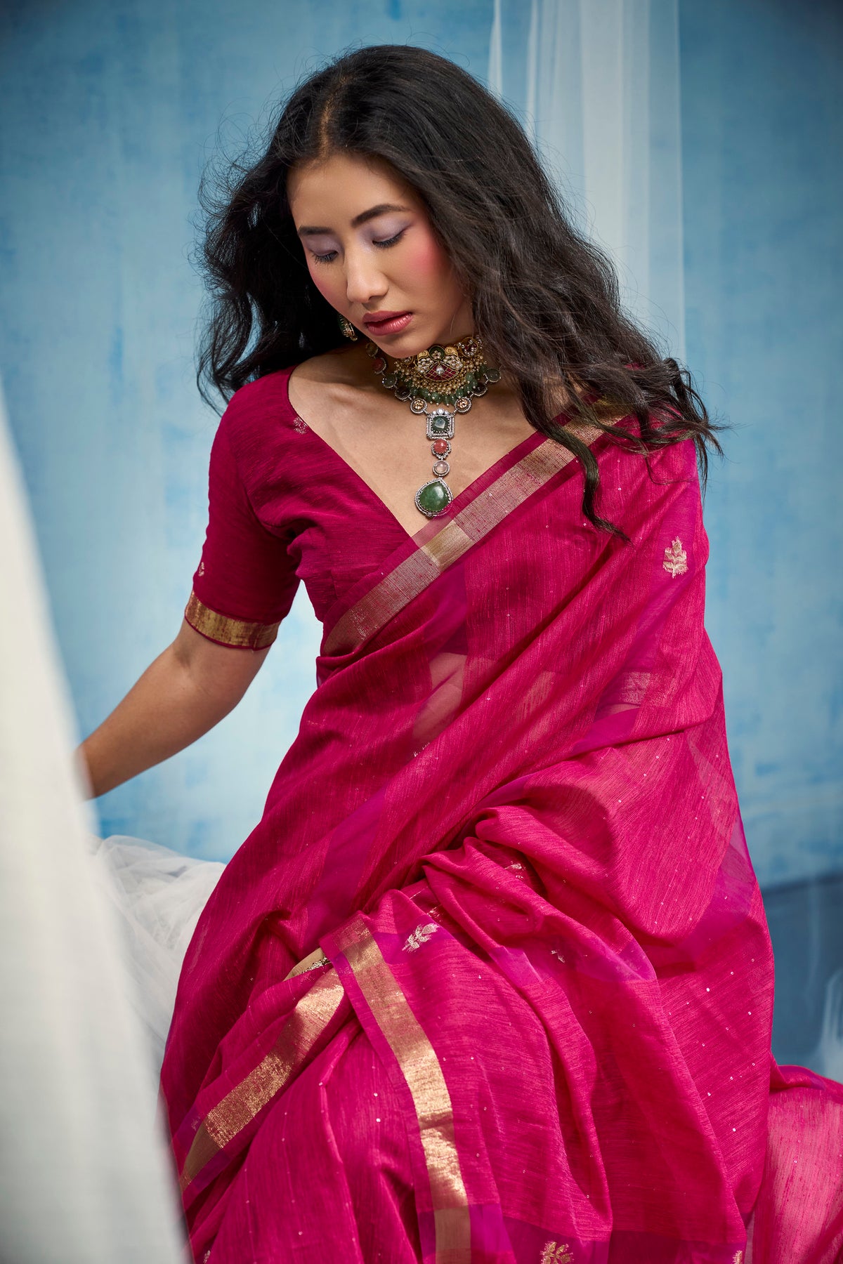 STORI Fuchsia Pink  Munga Silk Saree
