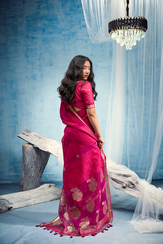 STORI Fuchsia Pink  Munga Silk Saree