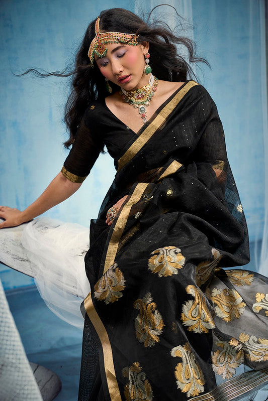 STORI Dark Black  Munga Silk Saree