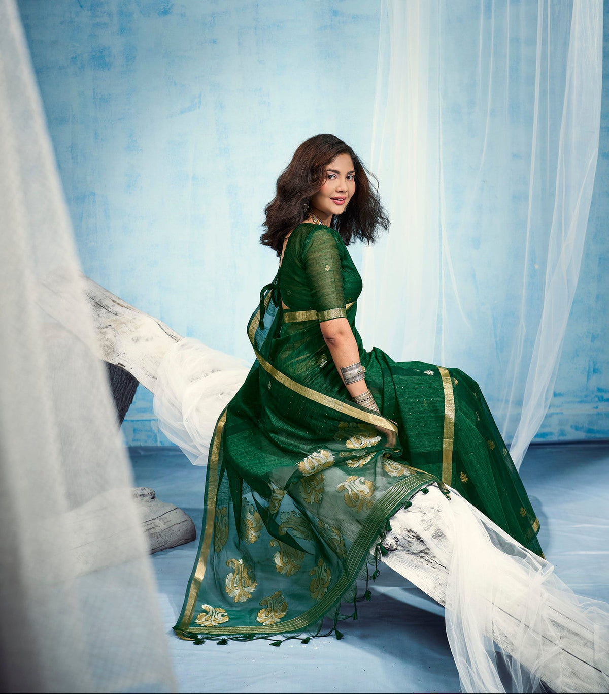 STORI Dark Green  Munga Silk Saree