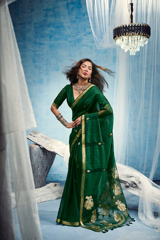 STORI Dark Green  Munga Silk Saree