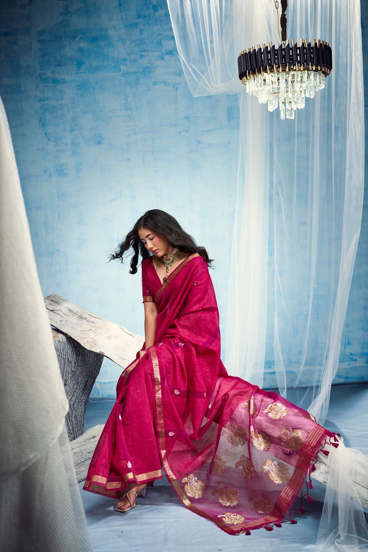 STORI Fuchsia Pink  Munga Silk Saree